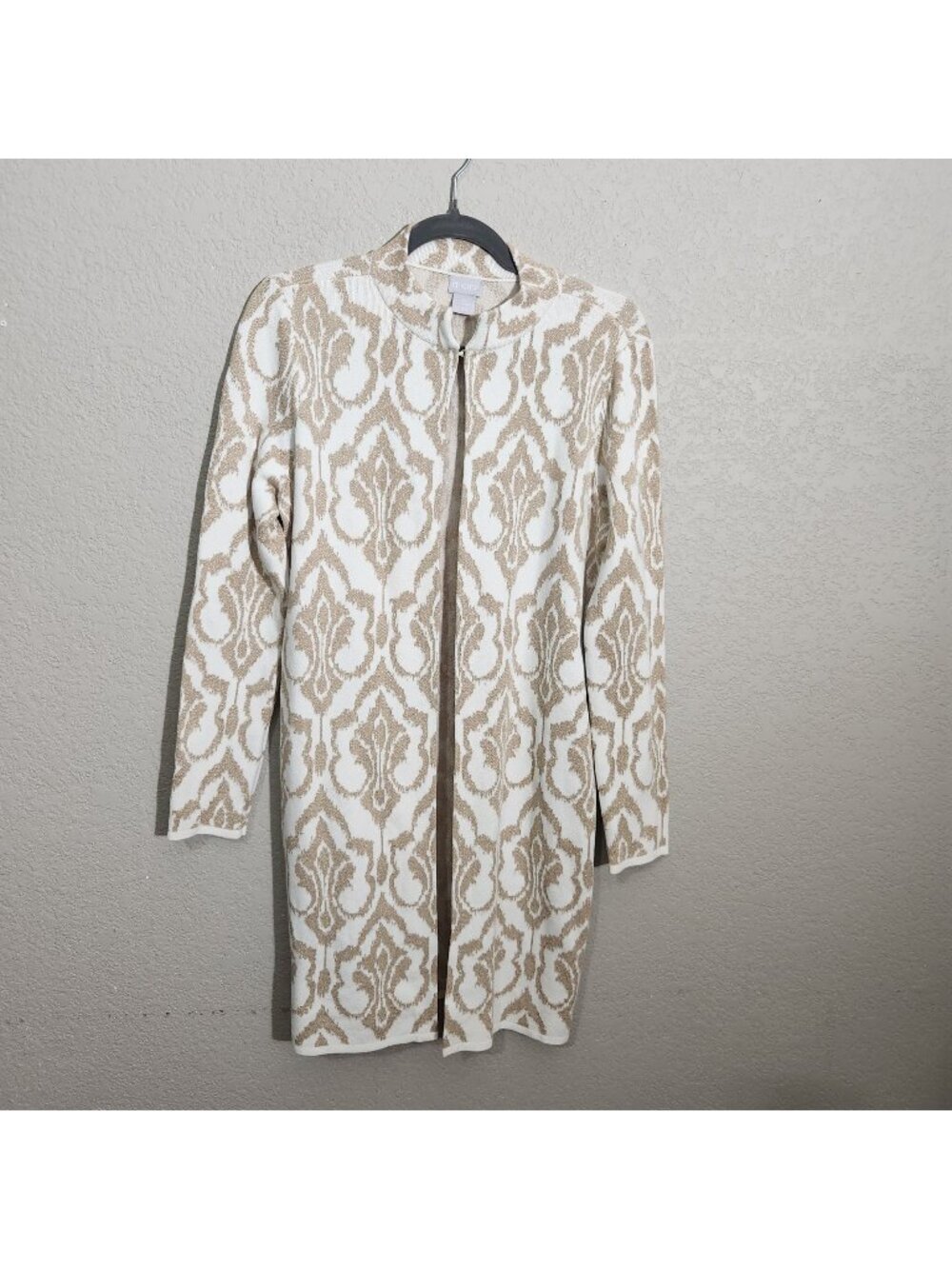 Chicos Cardigan Longline Open Front Size Small Gold White Pattern